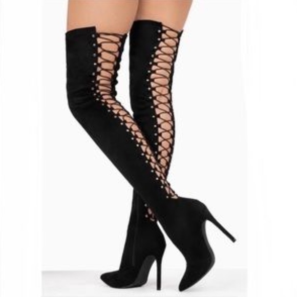 Stretchy Over the Knee Lace Up Boots in Taupe - Picture 13 of 14